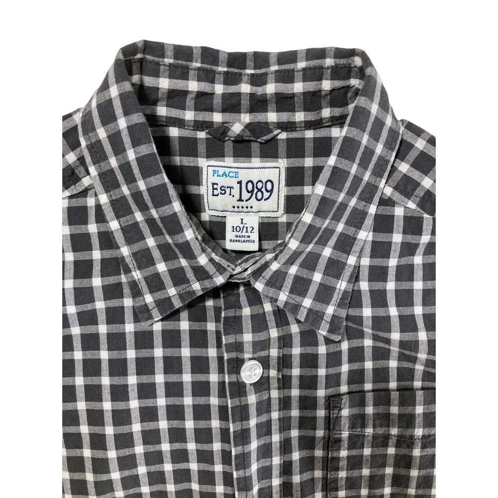 PLACE Size 10 12 Boys DRESS SHIRT Children's Place Plaid Button Up‎ Black White
